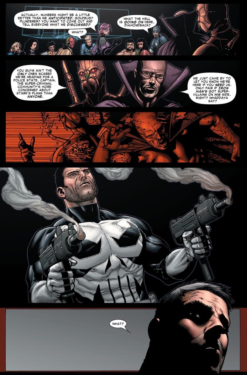 The Punisher clashes with Cap's resistance in Civil War Vol. 1 #6 (2007), Marvel Comics