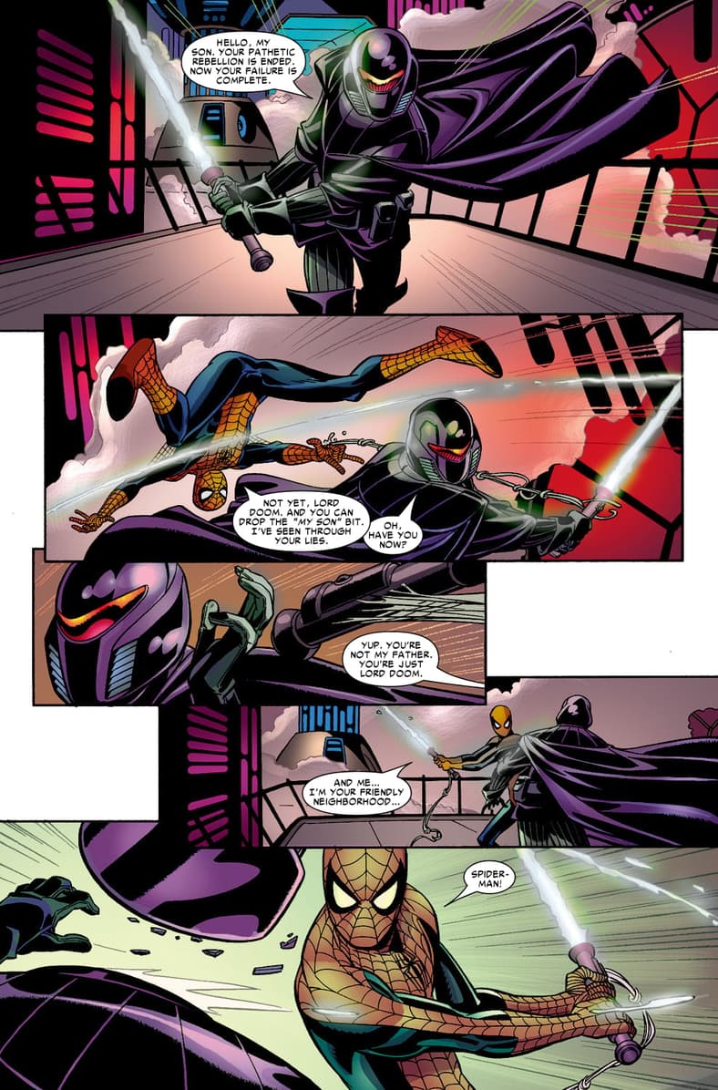 The Spider-Man of Earth-6078 takes on his father, Lord Doom, amidst the climax of his latest film, 'Spider-Man IV', in Friendly Neighborhood Spider-Man Vol. 1 #8 "Jumping the Tracks: Part 1 of 3" (2006), Marvel Comics. Words by Peter David, art by Mike Wiernigo, Karl Kessel, Paul Mounts, and Cory Petit.