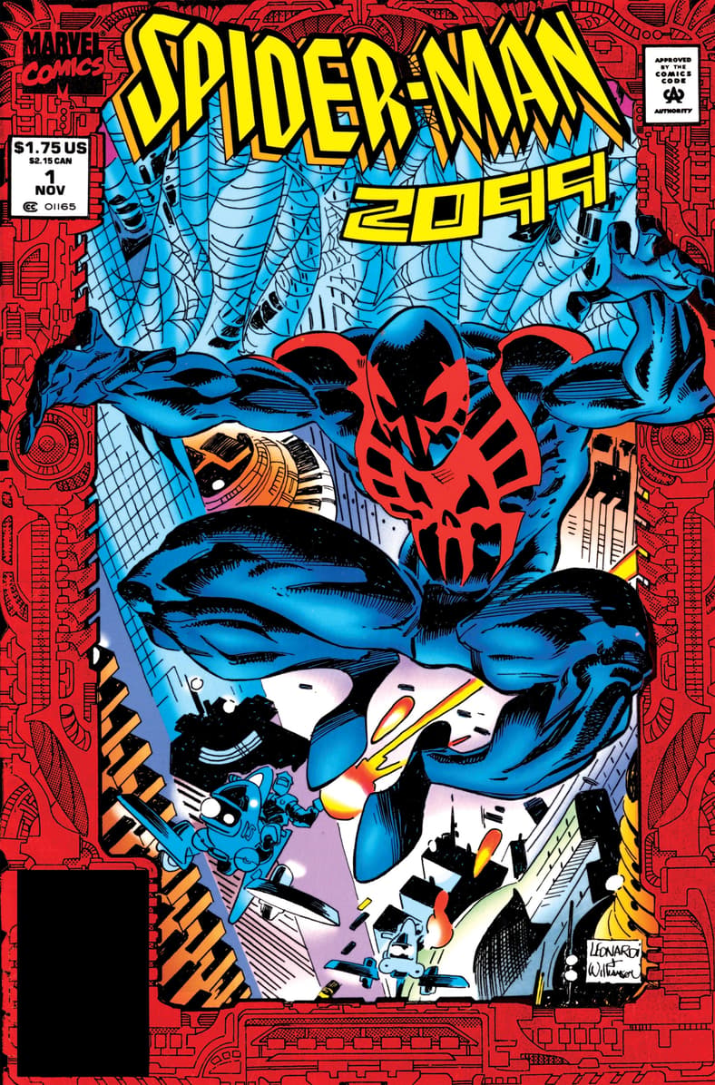 Miguel O'Hara leaps into action on Rick Leonardi and Al Williamson's cover to Spider-Man 2099 Vol. 1 #1 "Stan Lee Presents: Spider-Man 2099" (1992), Marvel Comics