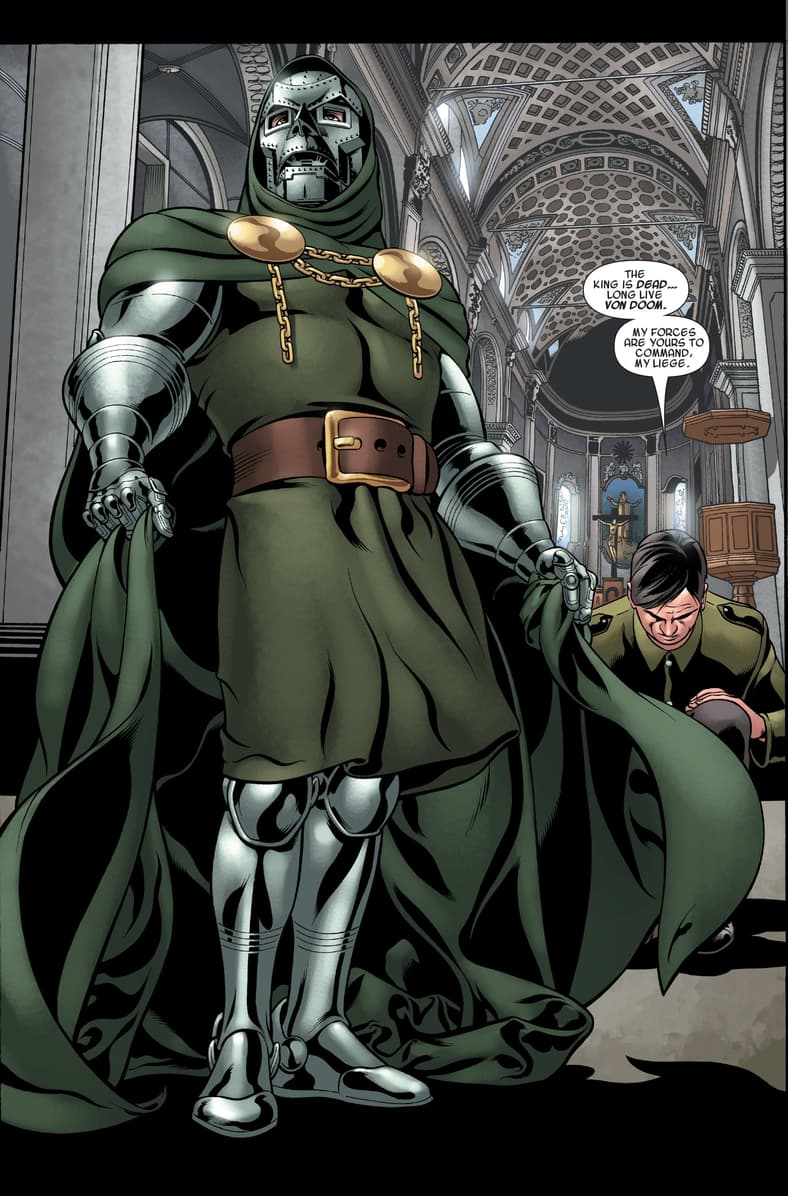 Doctor Doom kills King Vladimir and takes the throne in Books of Doom Vol.1 Issue #6 "Books of Doom Book Six" (2006), Marvel Comics. Words by Ed Brubaker. Art by Pablo Raimondi, Andrew Hennessy, and Brian Reber.
