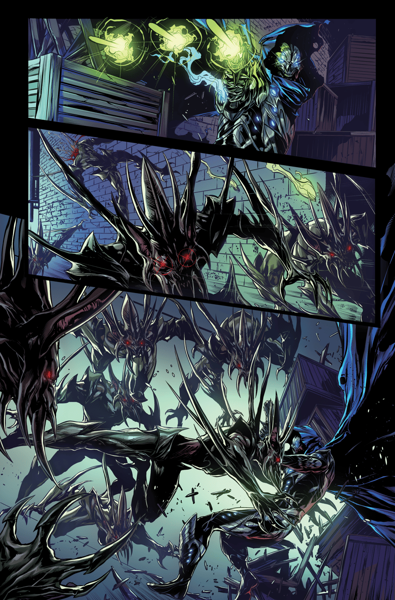 John Azrael finds himself under attack in Deathshroud: Forged in Shadows: Part One (2023), Dream Key Studios. Words by Chad Larsson, art by Canaan White, Daniel Erm, and Dezi Sienty.