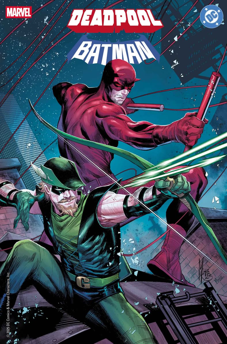Daredevil and Green Arrow prepare to dish out some street-level justice on Marco Chechetto's variant cover to Deadpool/Batman Vol. 1 #1 (2025), Marvel Comics/DC