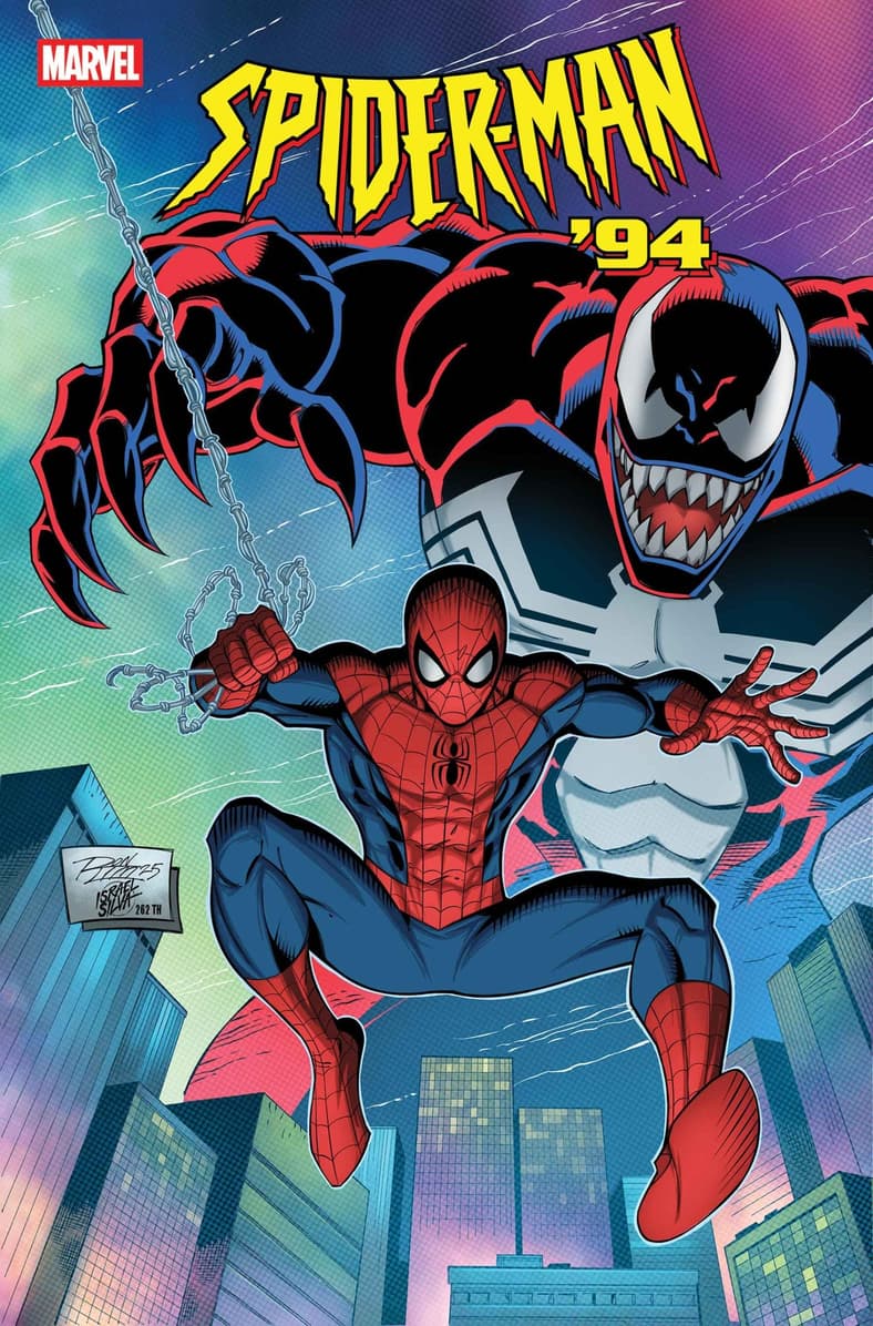 Venom is in hot pursuit of Peter Parker on Ron Lim's variant cover to Spider-Man '94 Vol. 1 #1 (2025), Marvel Comics