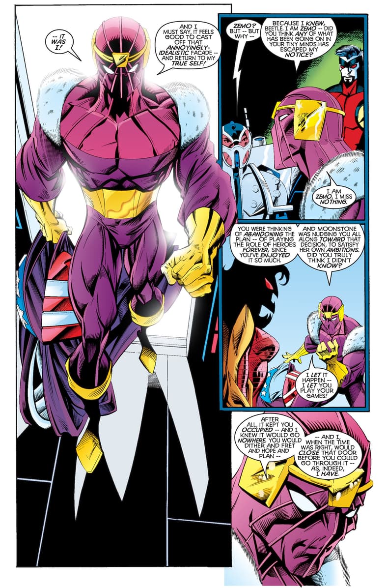 The Thunderbolts make their public debut in Thunderbolts Vol. 1 #10 "Heroes Reward" (1997), Marvel Comics. Words by Kurt Busiek, art by Mark Bagley, Vince Russell, Joe Rosas, and Dave Lanphear.