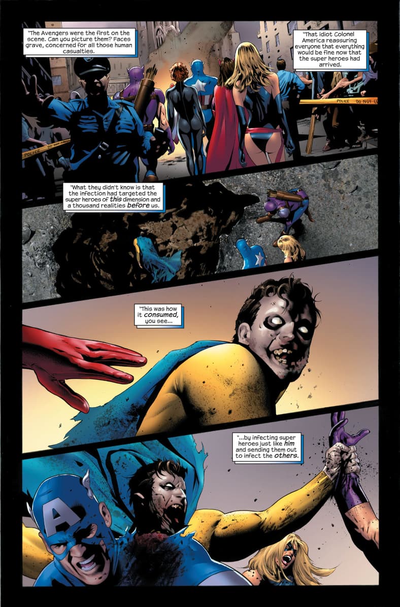 Reed Richards of Earth- 2149 tells the story of how his world fell to the zombie plague in Ultimate Fantastic Four Vol. 1 #22 "Crossover, Part 2" (2005), Marvel Comics. Words by Mark Millar, art by Greg Land, Matt Ryan, Justin Ponsor, and Chris Eliopoulos.