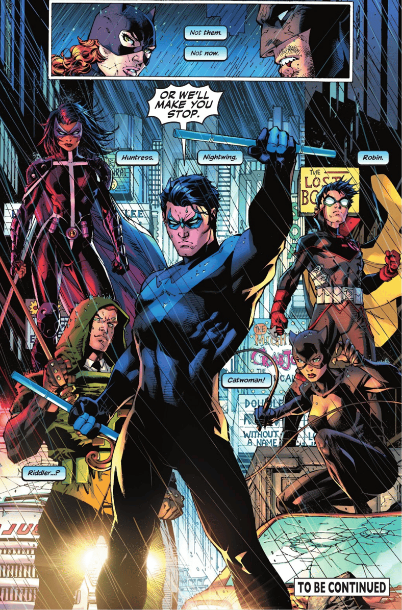 The Bat-family attempt to subdue their namesake in Red Hood gives Huntress the slip in Batman Vol. 2 #161 'Hush 2, Chapter Four: The Queen' (2025), DC. Words by Jeph Loeb, art by Jim Lee, Scott Williams, Alex Sinclair, and Richard Starkings.