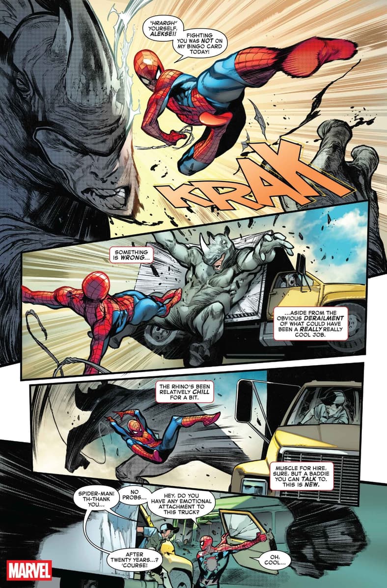 Peter takes on a strangely feral Rhino in Amazing Spider-Man Vol. 7 #1 (2025), Marvel Comics. Words by Joe Kelly, art by Pepe Larraz and Marte Garcia.