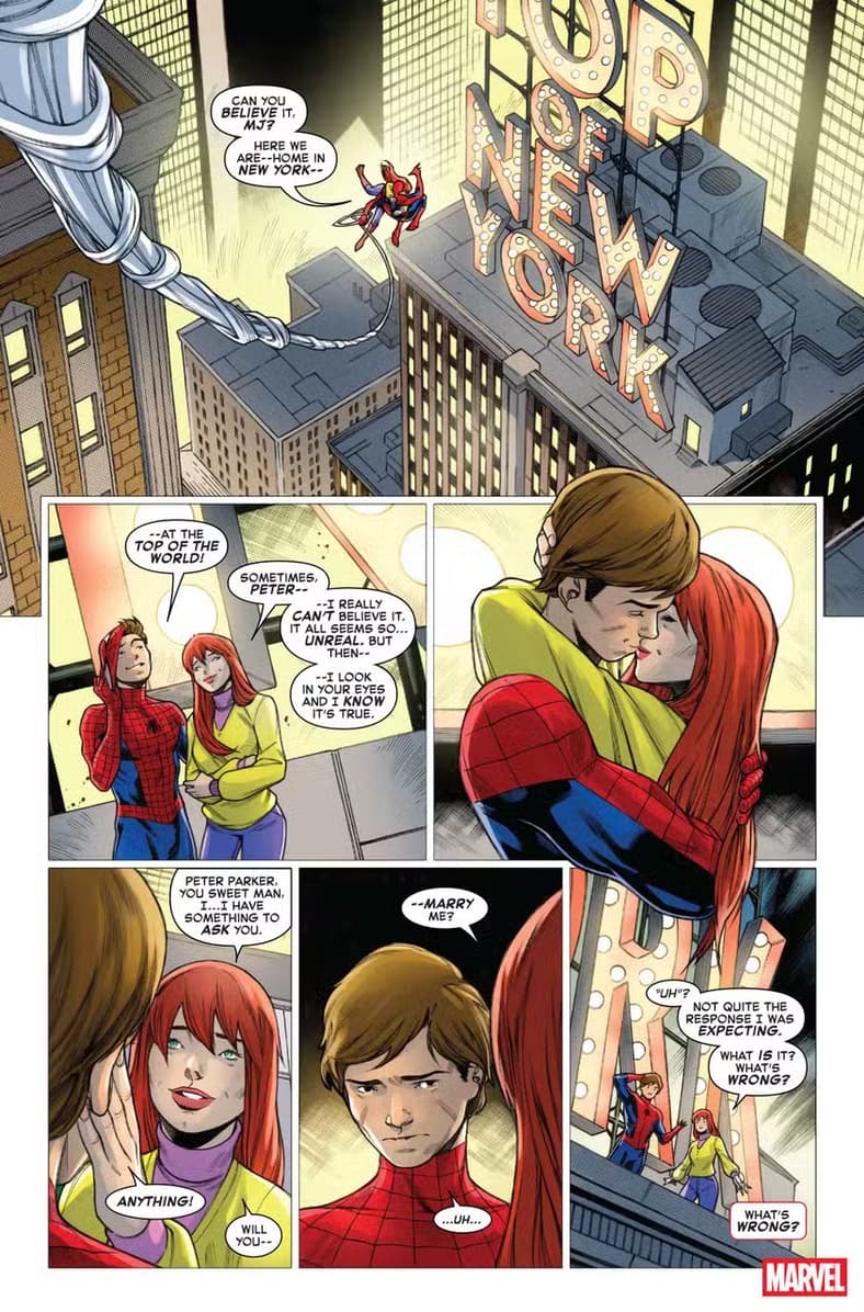 Peter Parker hesitates at MJ's marriage proposal in Spider-Man '94 Vol. 1 #1 (2025), Marvel Comics. Words by J.M. DeMatteis, art by Jim Towe.