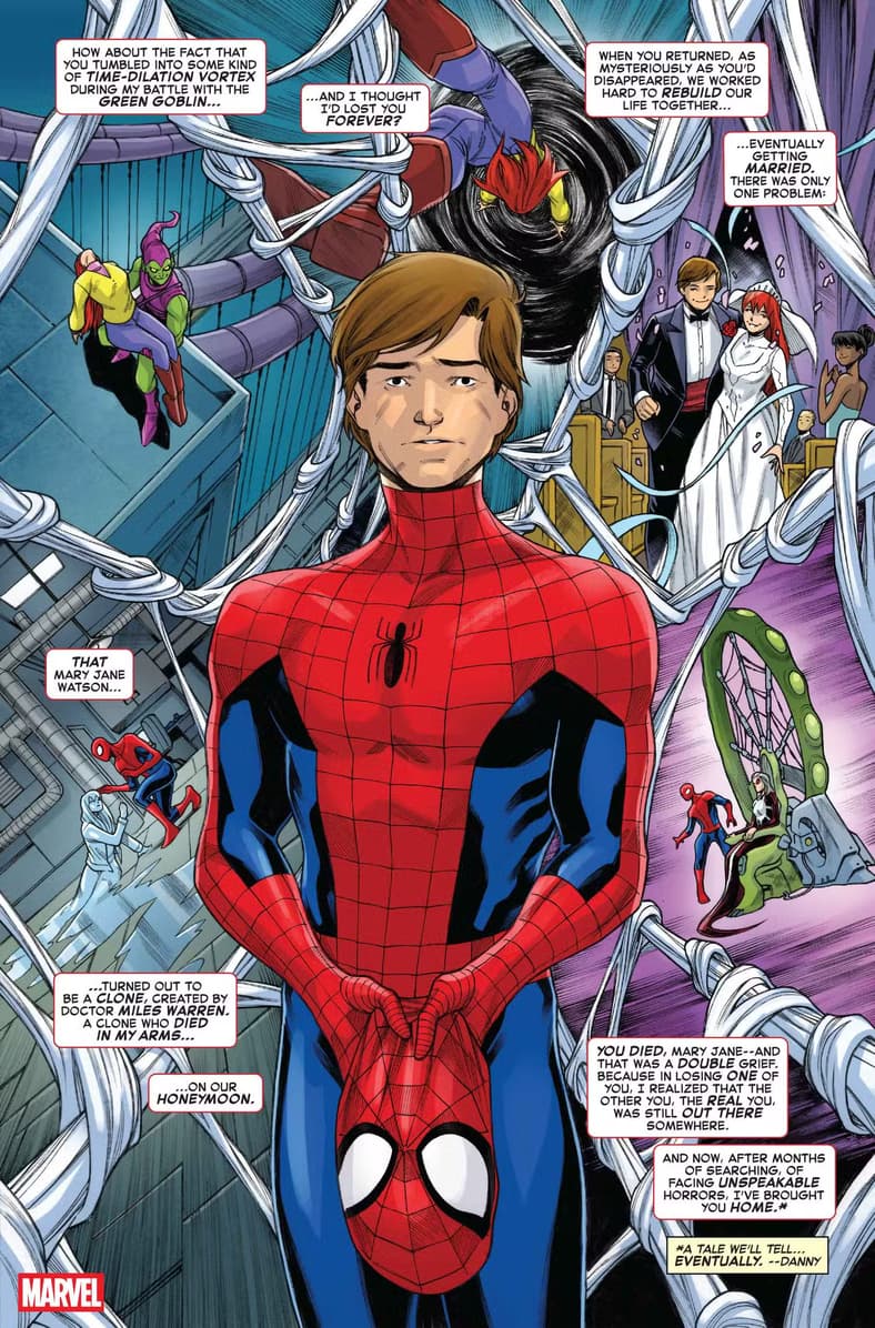 Peter Parker dodges the question of MJ's return in Spider-Man '94 Vol. 1 #1 (2025), Marvel Comics. Words by J.M. DeMatteis, art by Jim Towe.