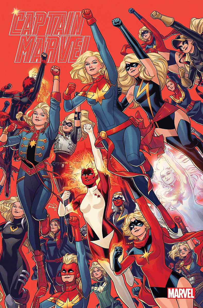 Carol Danvers' many lives on Russell Dauterman variant cover to Captain Marvel Vol. 11 #5 (2024)