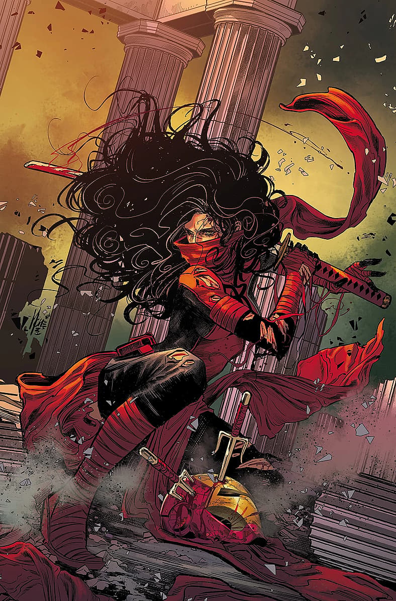 Elektra stands defiant against Iron Man on Daredevil Vol. 7 #6 cover (2022), Marvel Comics