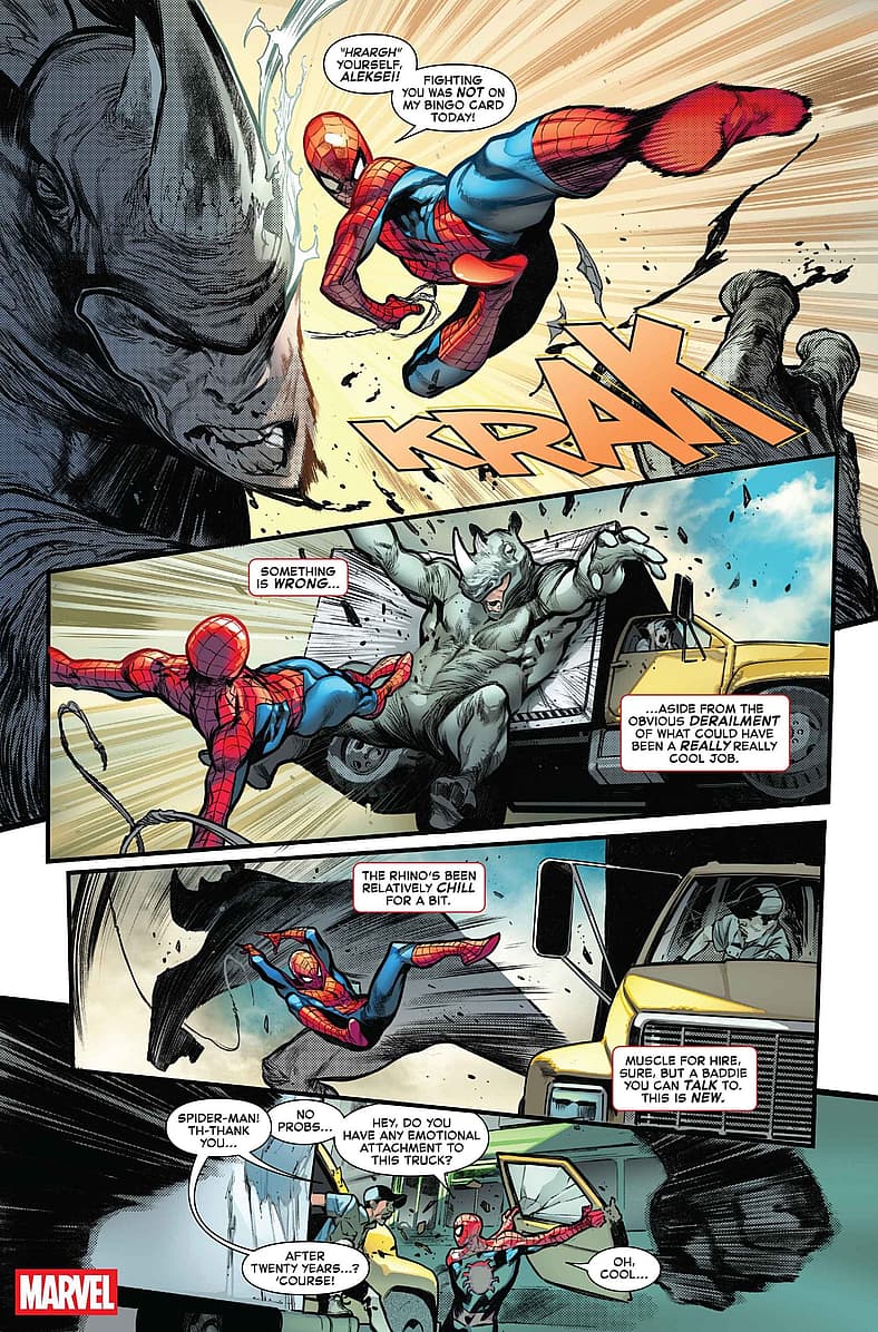 Peter fights a feral Rhino in Amazing Spider-Man Vol. 7 #1 (2025), Marvel Comics