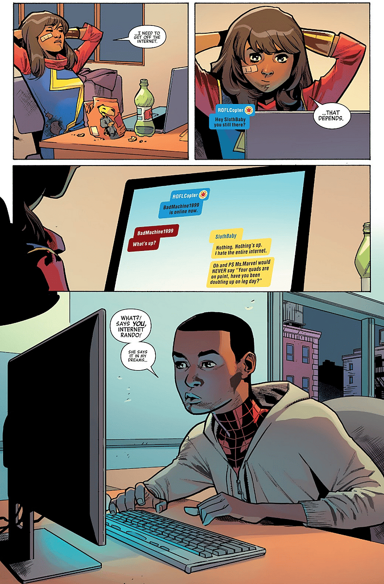 Miles Morales and Kamala Khan settle an online beef regarding their respective fan fictions in All-New, All-Different Avengers Annual Vol. 1 #1 "Internet Randos" (2016), Marvel Comics. Words by G. Willow Wilson, art by Mahmud Asrar, Tamra Bonvillain, and Travis Lanham.