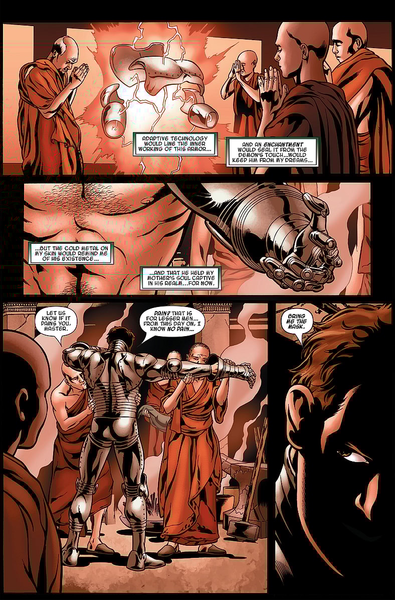 Victor Von Doom is left behind as Doctor Doom embraces his new identity in Books of Doom Vol.1 Issue #4 "Books of Doom Four" (2006), Words by Ed Brubaker. Art by Pablo Raimondi, Mark Farmer, and Brian Reber.