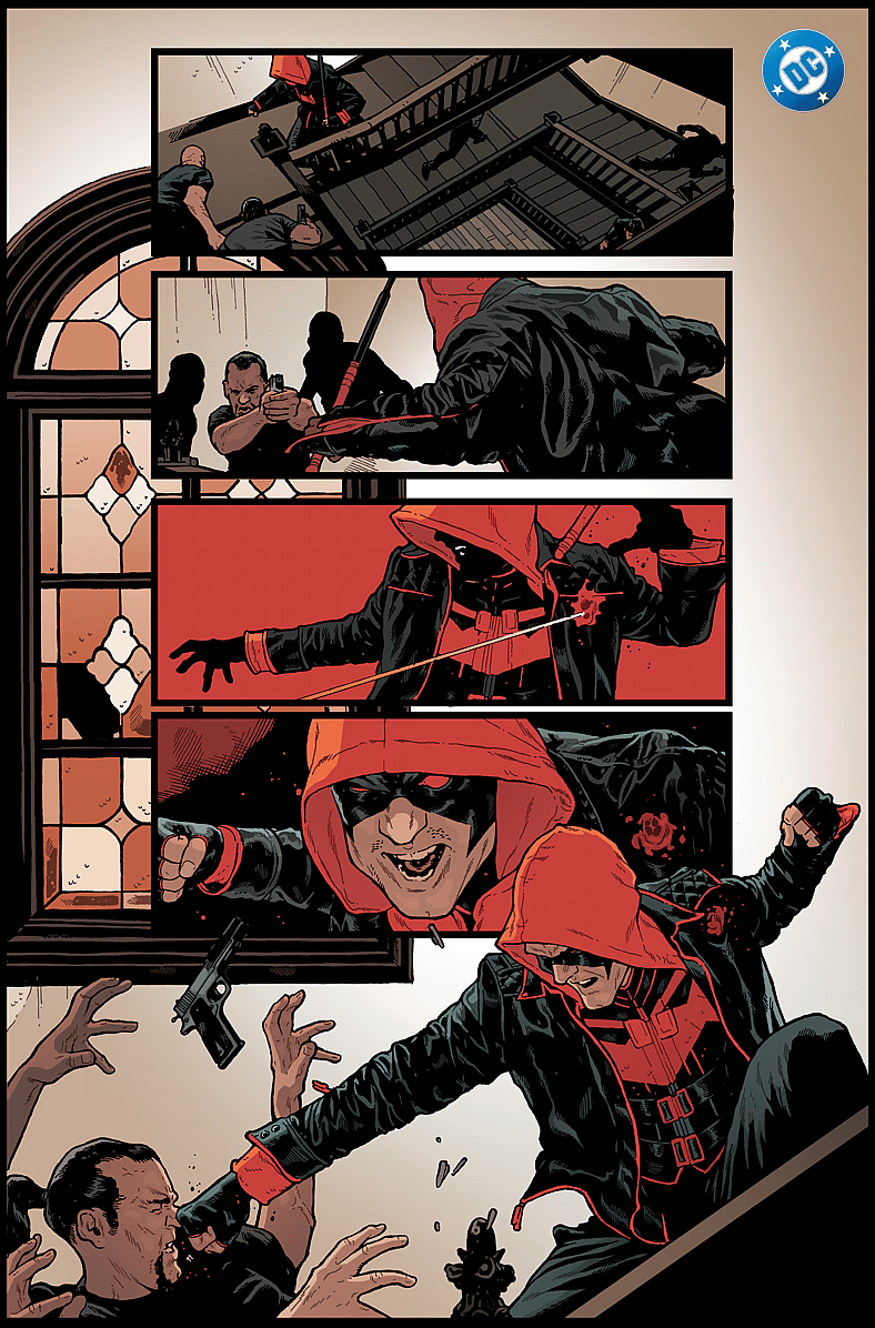 Jason Todd keeps fighting despite a bullet wound to the shoulder in Red Hood Vol. 2 #1 (2025), DC. Words by Gretchen Felker-Martin, art by Jeff Spokes.