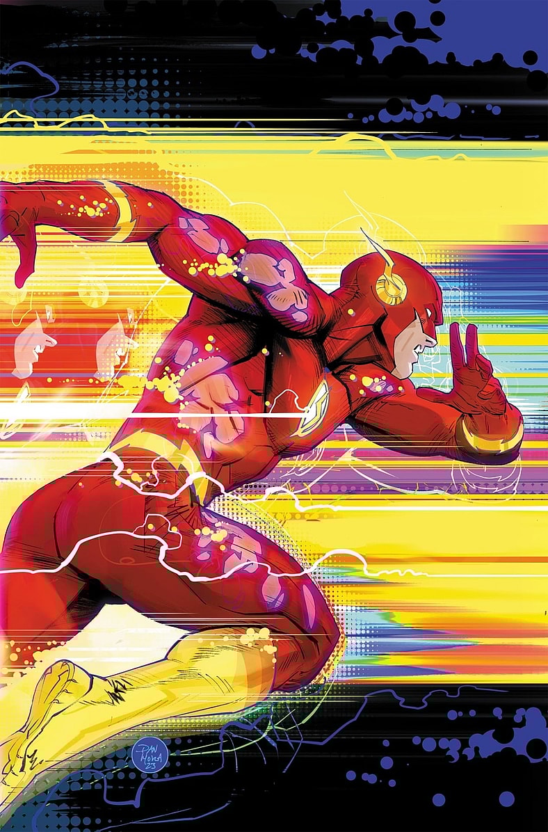 Wally West returns to the mantle of the Scarlet Speedster on Dan Mora's variant cover to The Flash Vol. 6 #1 "Strange Attractor" (2023), DC