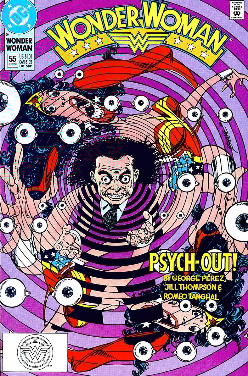 Wonder Woman is overwhelmed by the power of Doctor Psycho on Goerge Pérez, Jill Thompson and Romeo Tanghal's cover to Wonder Woman Vol.2 Issue # 55 "Psycho Path" (1991), DC Comics