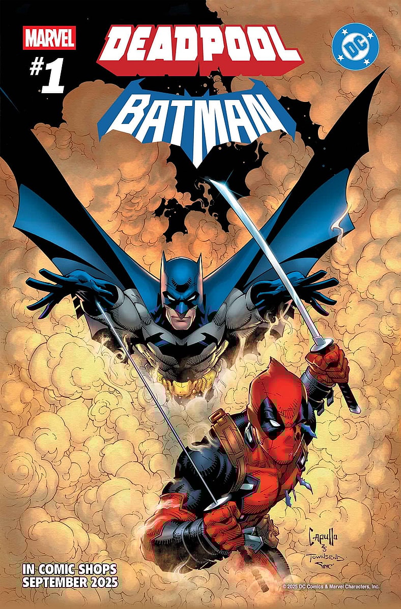 Batman and Deadpool spell trouble for Gotham's criminals on Greg Capullo, Tim Townsend, and Alex Sinclair's cover to Deadpool/Batman Vol. 1 #1 (2025), Marvel Comics/DC