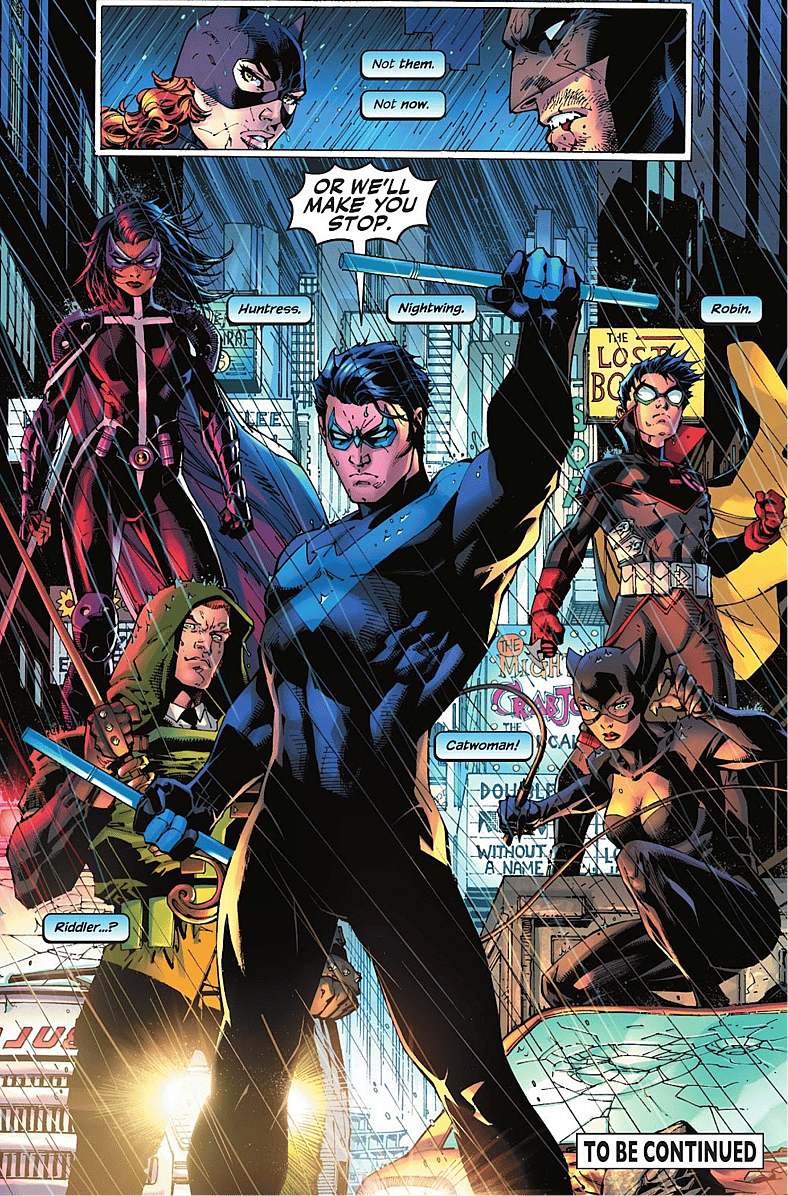 The Bat-family attempt to subdue their namesake in Red Hood gives Huntress the slip in Batman Vol. 2 #161 'Hush 2, Chapter Four: The Queen' (2025), DC. Words by Jeph Loeb, art by Jim Lee, Scott Williams, Alex Sinclair, and Richard Starkings.