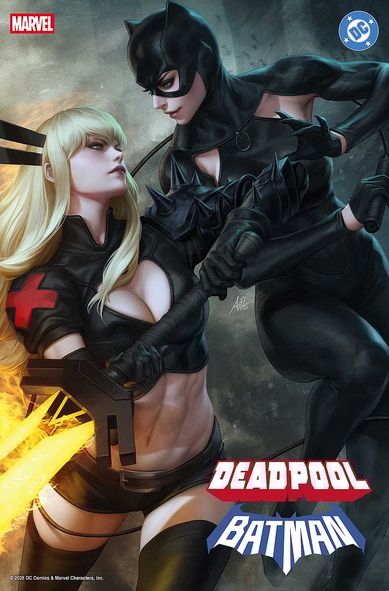 Magik has some demonic tricks up her sleeve for Catwoman on Stanley 'Artgerm' Lau's variant cover to Deadpool/Batman Vol. 1 #1 (2025), Marvel Comics/DC