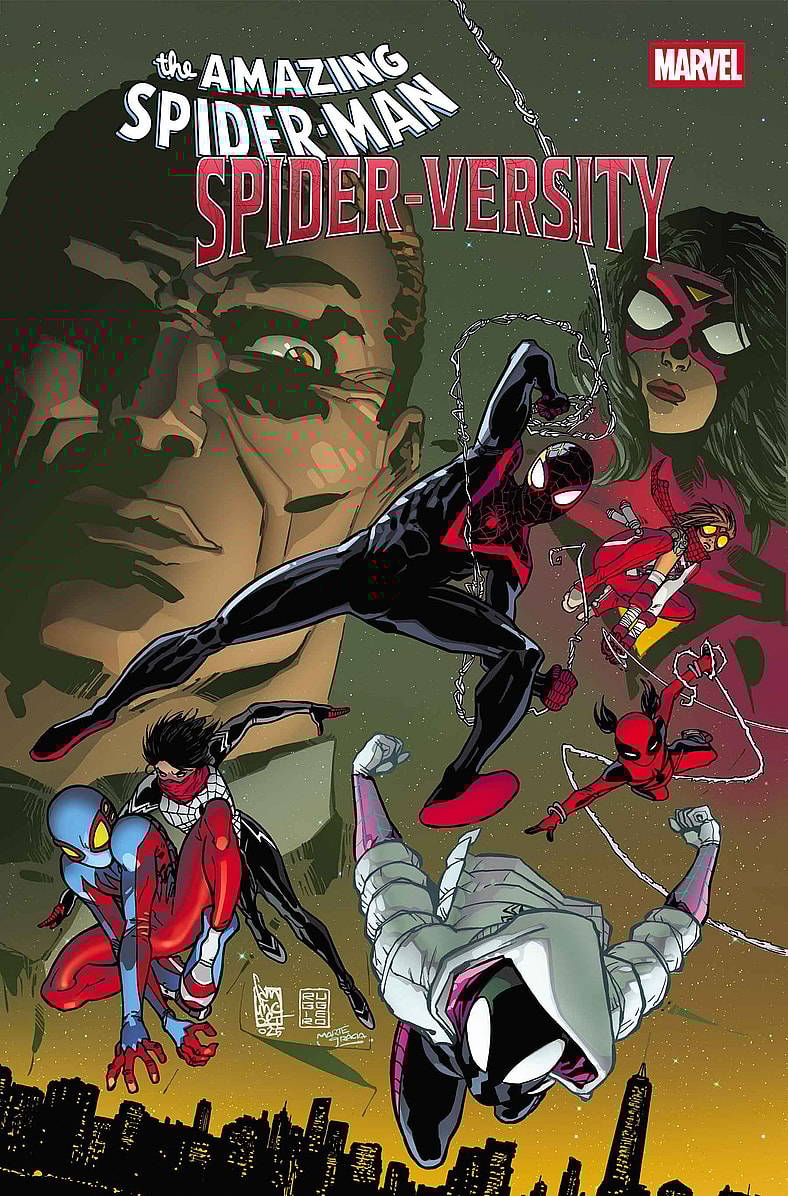 Norman Osborn and Jessica Drew share a watch over the next generation of Spider-heroes on Giuseppe Camuncoli's cover to Amazing Spider-Man: Spider-Versity Vol. 1 #1 (2026), Marvel Comics