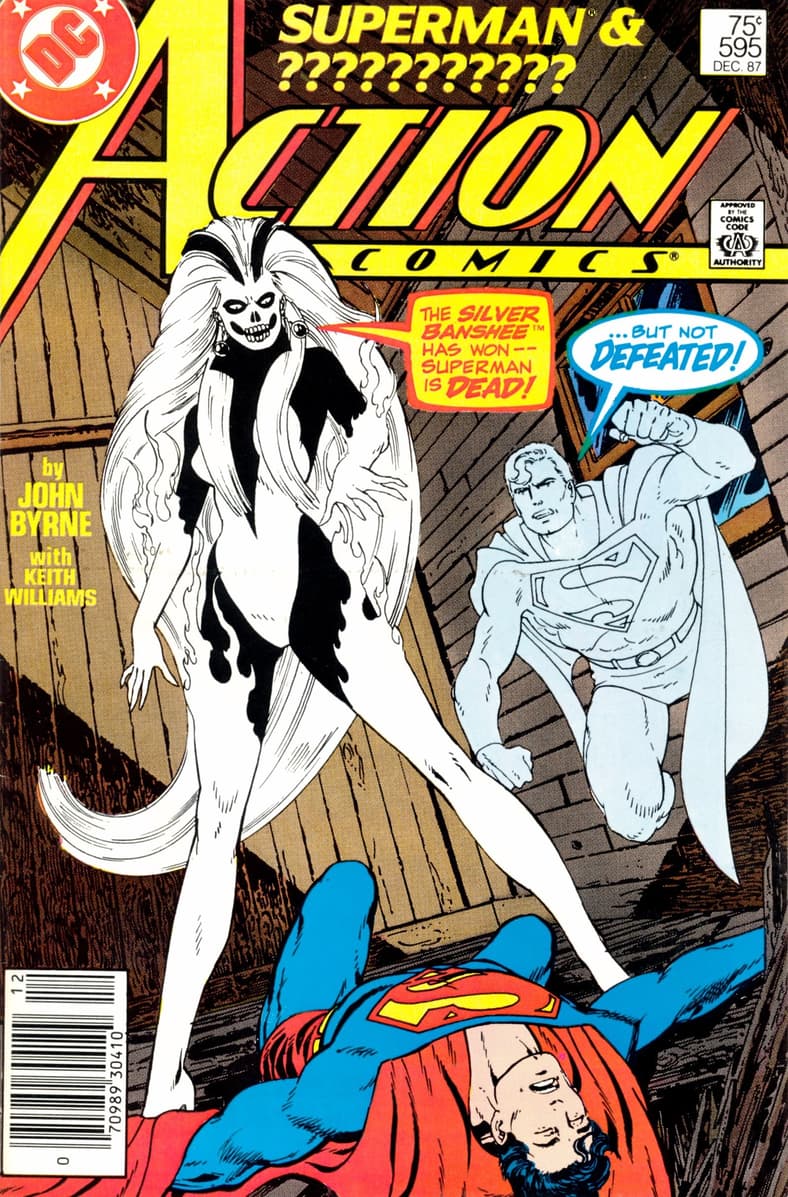 Silver Banshee sings victory in Action Comics Vol.1 #595 "The Ghost of Superman" (1987), DC Comics. Words by John Byrne. Art by John Byrne, Keith Williams, and Tom Ziuko.