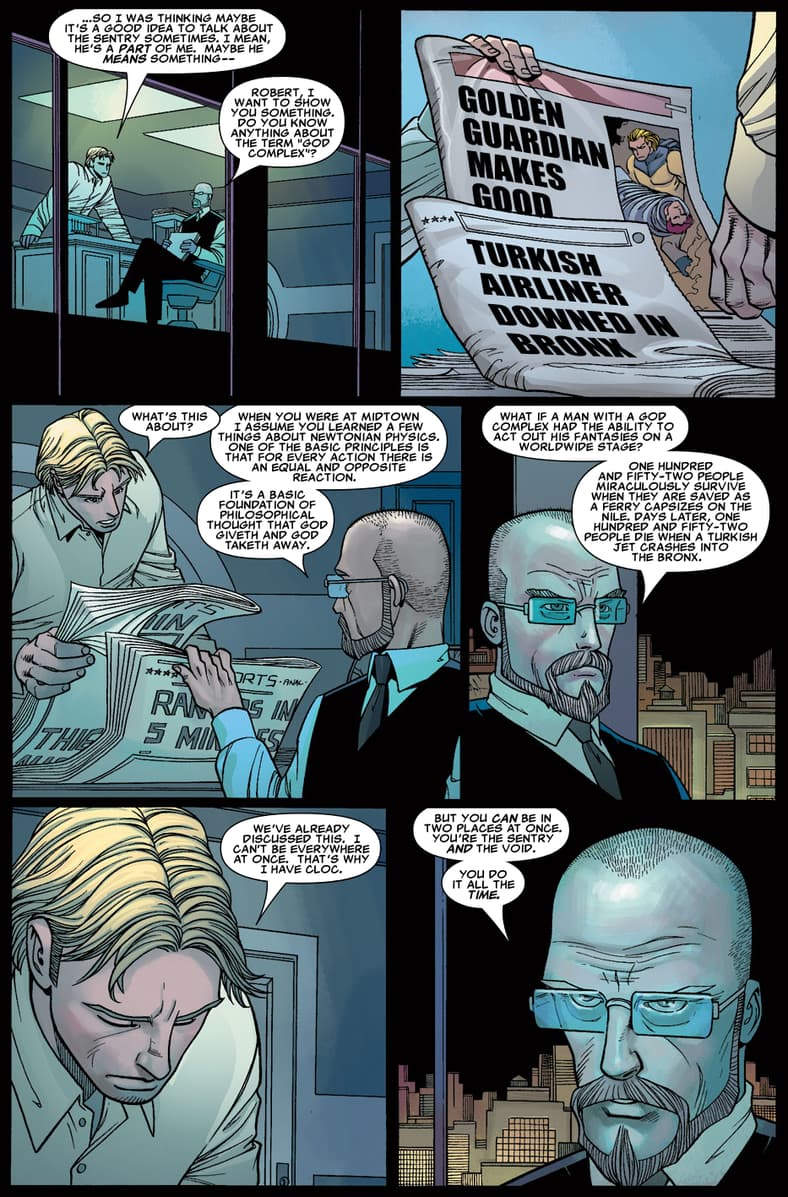 Dr. Worth confronts Bob about The Void's true nature in Sentry Vol. 2 #5 (2006), Marvel Comics. Words by Paul Jenkins, art by John Romita Jr., Mark Morales, Dean White, and Rus Wooton.