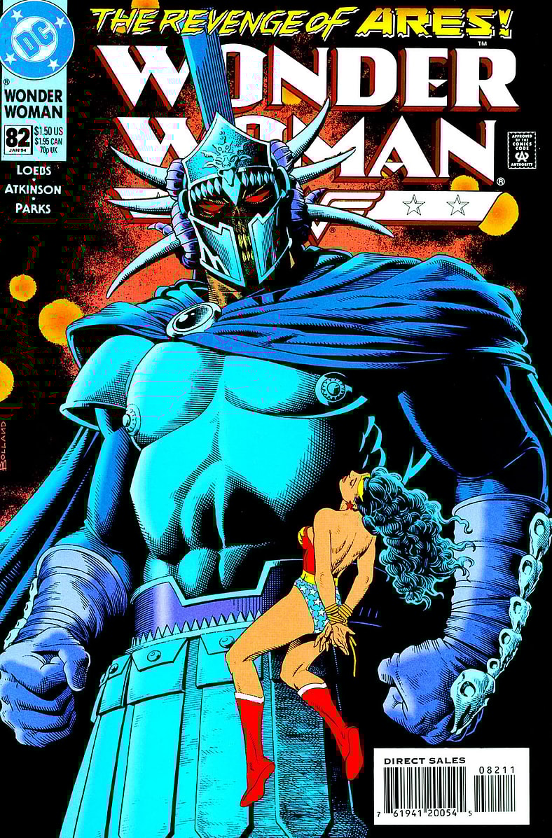 Ares stands tall in front of a hopeless Wonder Woman in Brian Bolland's cover to Wonder Woman Vol.2 Issue #82 "The Path To War" (1994), DC Comics