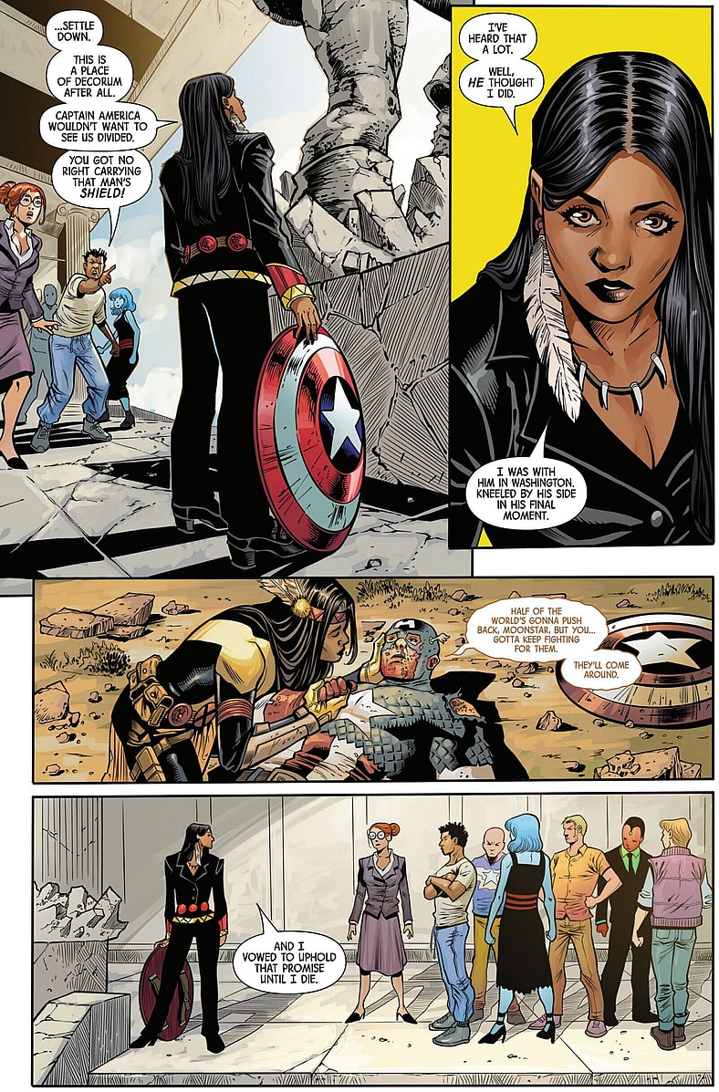 Captain America deems Dani Moonstar his successor to wield the shield in X-Vengers Vol. 1 #1 (2025), Marvel Comics. Words by Jason Loo, art by Sergio Dávila, Aure Jimenez, Rain Beredo, and Joe Sabino.