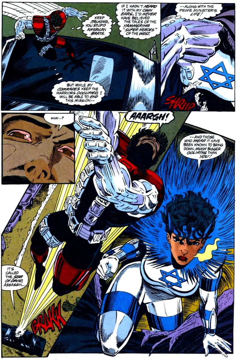 Sabra defends the Israeli prime minister from a terrorist threat in New Warriors Vol. 1 #58 (1995)