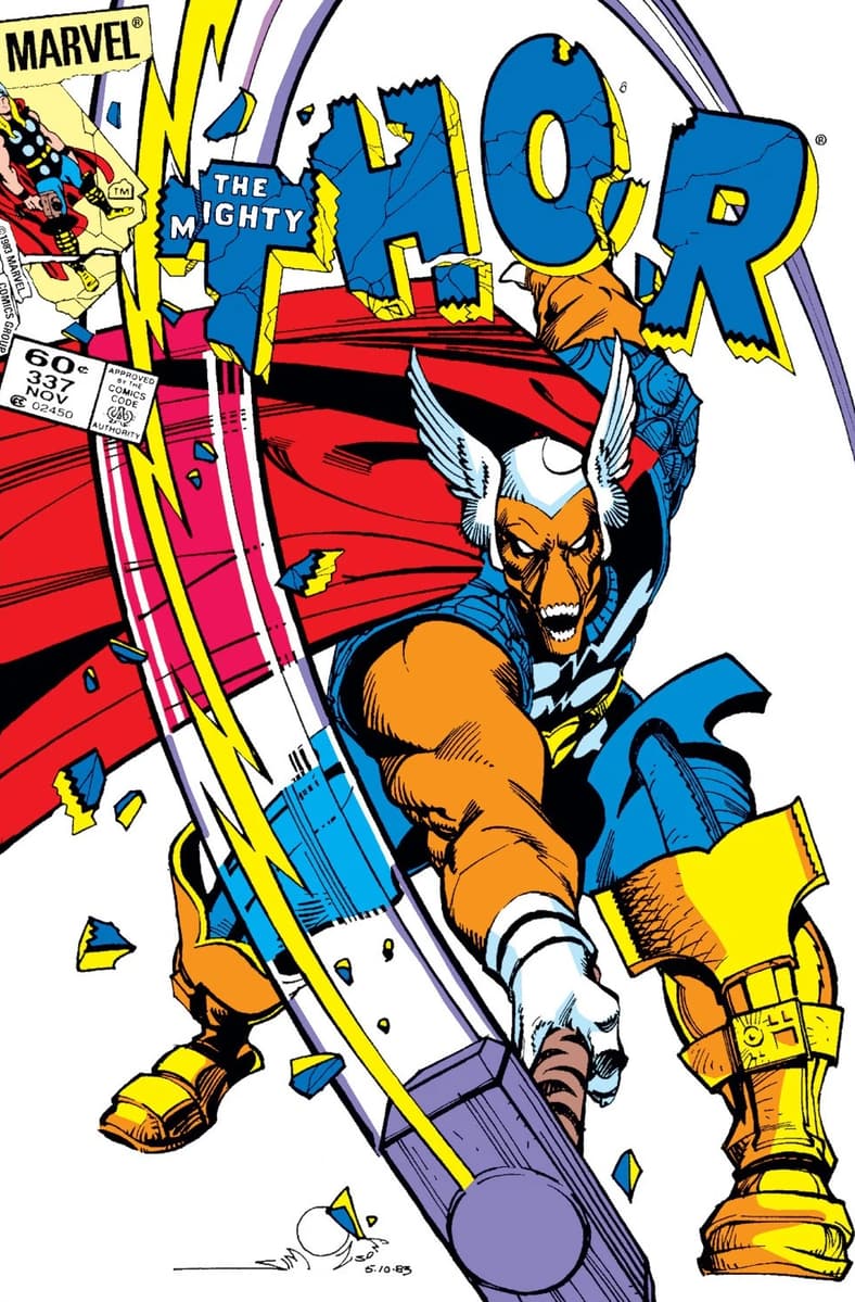 Beta Ray Bill worthy of Mjolnir on Walter Simonson's cover to Thor Vol. 1 #337 Doom (1983), Marvel