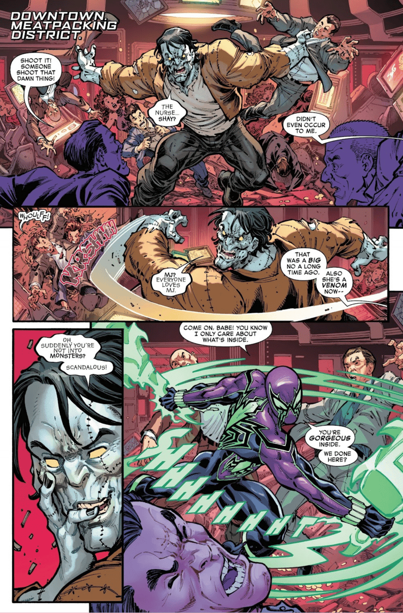 Jeanine begins to feel a mite jealous of Ben Reilly's female friendships in Amazing Spider-Man Vol. 7 #15 (2025), Marvel Comics. Words by Joe Kelly, art by Ed McGuinness, Todd Nauck, Mark Farmer, Wade von Grawbadger, Marcio Menyz, and Erick Arciniega.