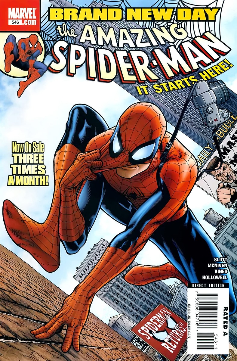 The web-slinger goes back-to-basics on Steve McNiven's cover to Amazing Spider-Man Vol. 1 #546 'Brand New Day' (2008), Marvel Comics