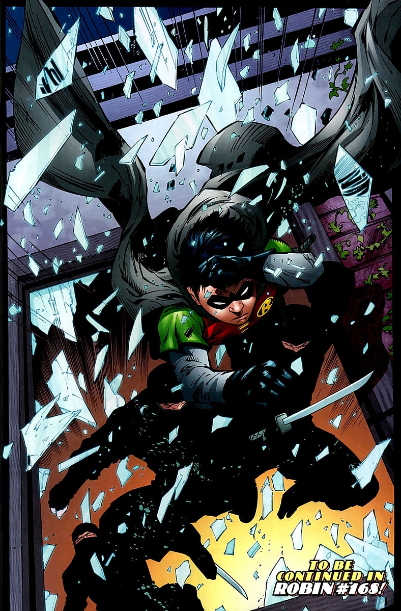 Damian assumes the Robin mantle and flees from Ra's al Ghul's capture in Batman Vol. 1 #670 "Lazarus Rising" (2007), DC. Words by Grant Morrison, art by Tony S. Daniel, Jonathan Glapion, Guy Major, and Travis Lanham.