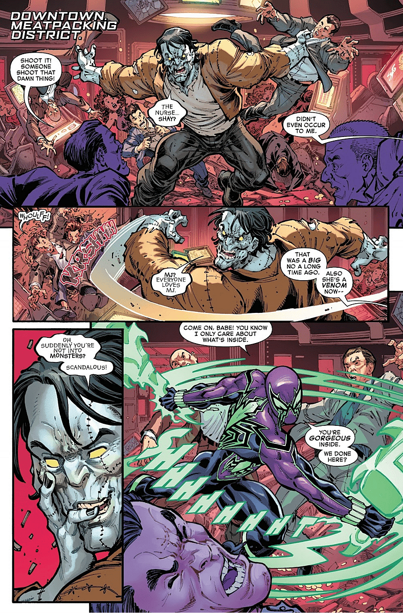 Jeanine begins to feel a mite jealous of Ben Reilly's female friendships in Amazing Spider-Man Vol. 7 #15 (2025), Marvel Comics. Words by Joe Kelly, art by Ed McGuinness, Todd Nauck, Mark Farmer, Wade von Grawbadger, Marcio Menyz, and Erick Arciniega.