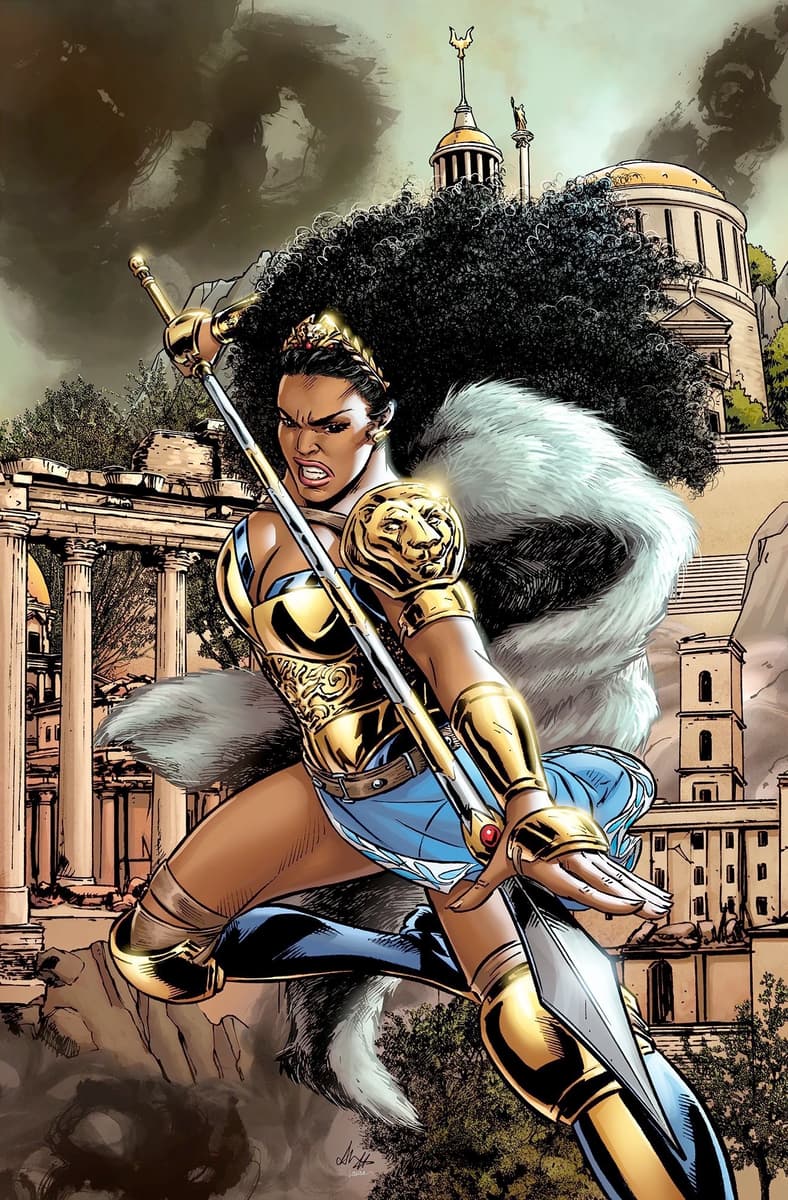 Nubia defends Themyscira on Martinez and Martin's cover to Nubia and the Amazons Vol. 1 #1 (2021)