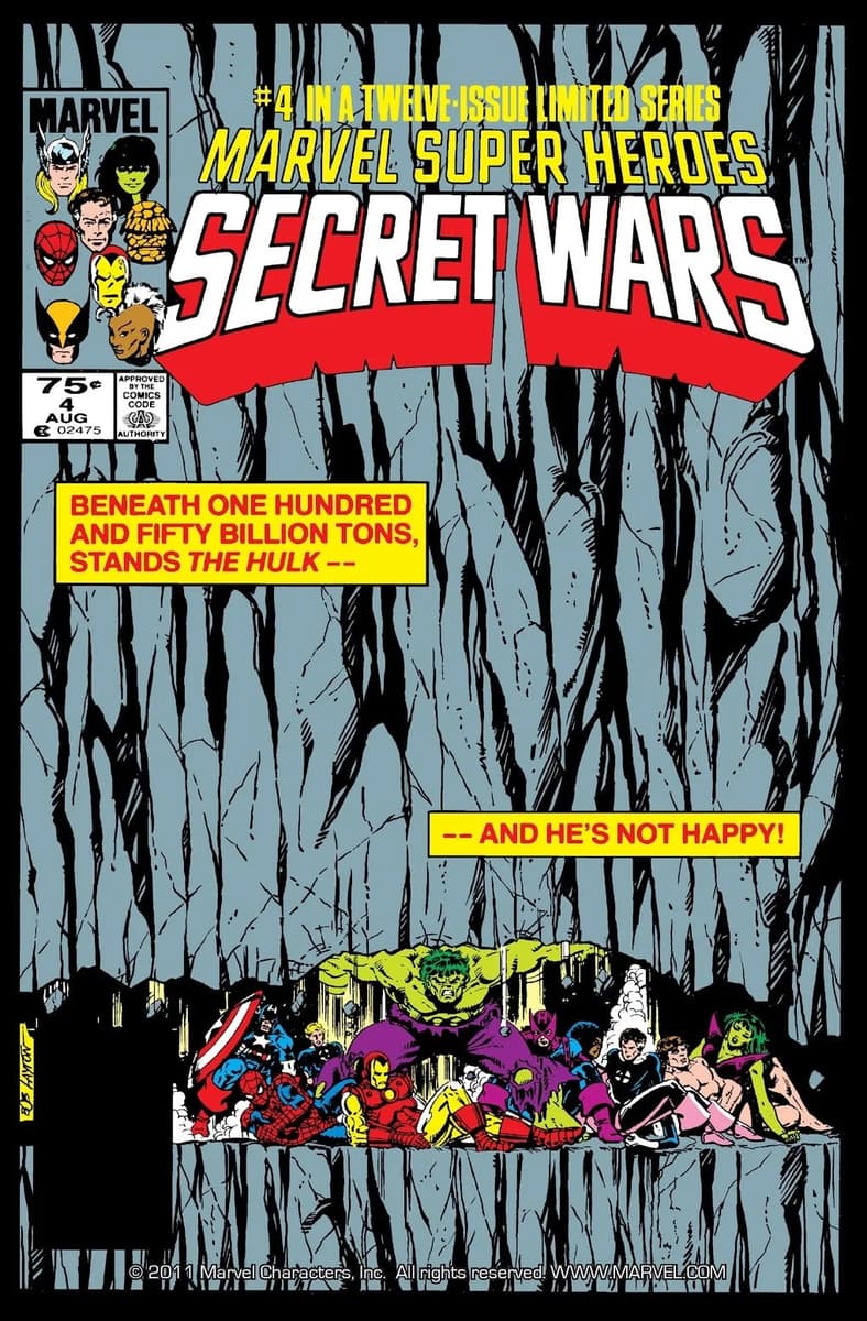 Hulk holds up a 150 billion ton mountain to save Marvel Heroes on Jim Shooter and Bob Layton's cover to Marvel Super Heroes Secret Wars Vol #1 Issue #4 "Situation: Hopeless!" (1984), Marvel Comics