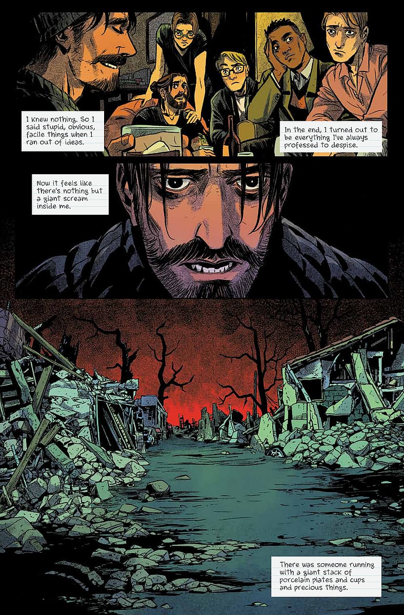 The gloomy monologue begins in The War (2025). Words by Garth Ennis. Art by Becky Cloonan. BOOM! Studios.