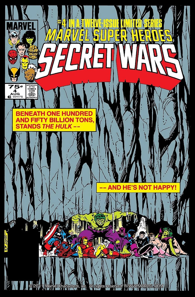 Hulk holds up a 150 billion ton mountain to save Marvel Heroes on Jim Shooter and Bob Layton's cover to Marvel Super Heroes Secret Wars Vol #1 Issue #4 "Situation: Hopeless!" (1984), Marvel Comics