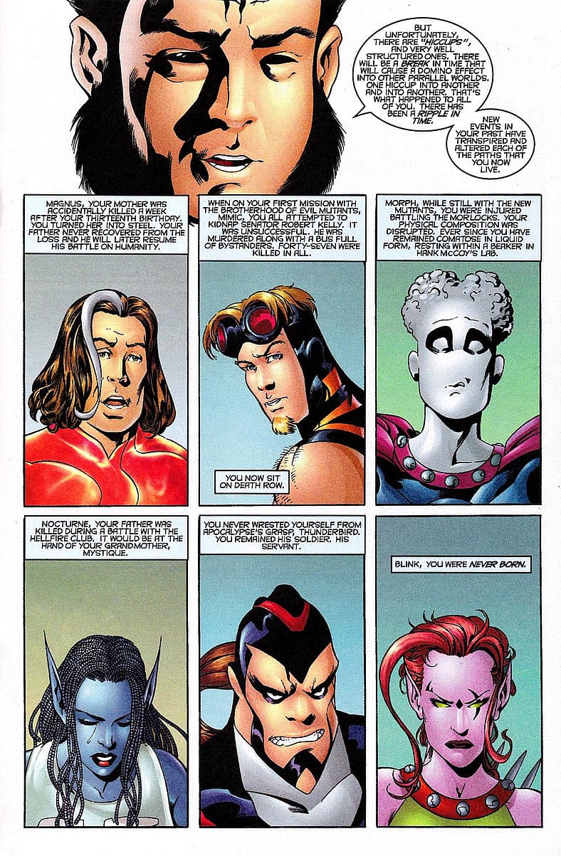 Time Broker explains how Exiles became unstuck from time in Exiles Vol. 1 #1 (2001), Marvel