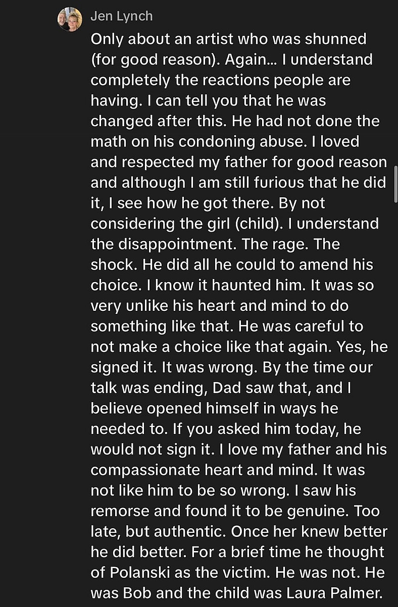 Jennifer Lynch reflects on her father, 'Twin Peaks' co-creator David Lynch, signing the 2009 Roman Polanski support petition.