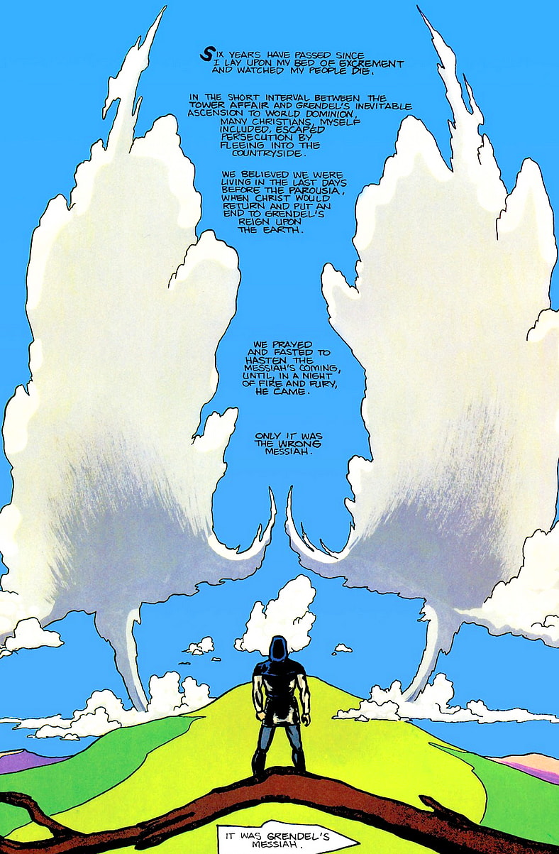 Petrus Christus remembers the day his world ended in Grendel Tales: Devil's Hammer Vol. 1 #1 "Imitation of Life Part 1: Black Blood" (1994), Dark Horse Comics. Words by Rob Walton, art by Rob Walton, Bernie Mireault, Kathryn Delaney, and Richard Starkings.