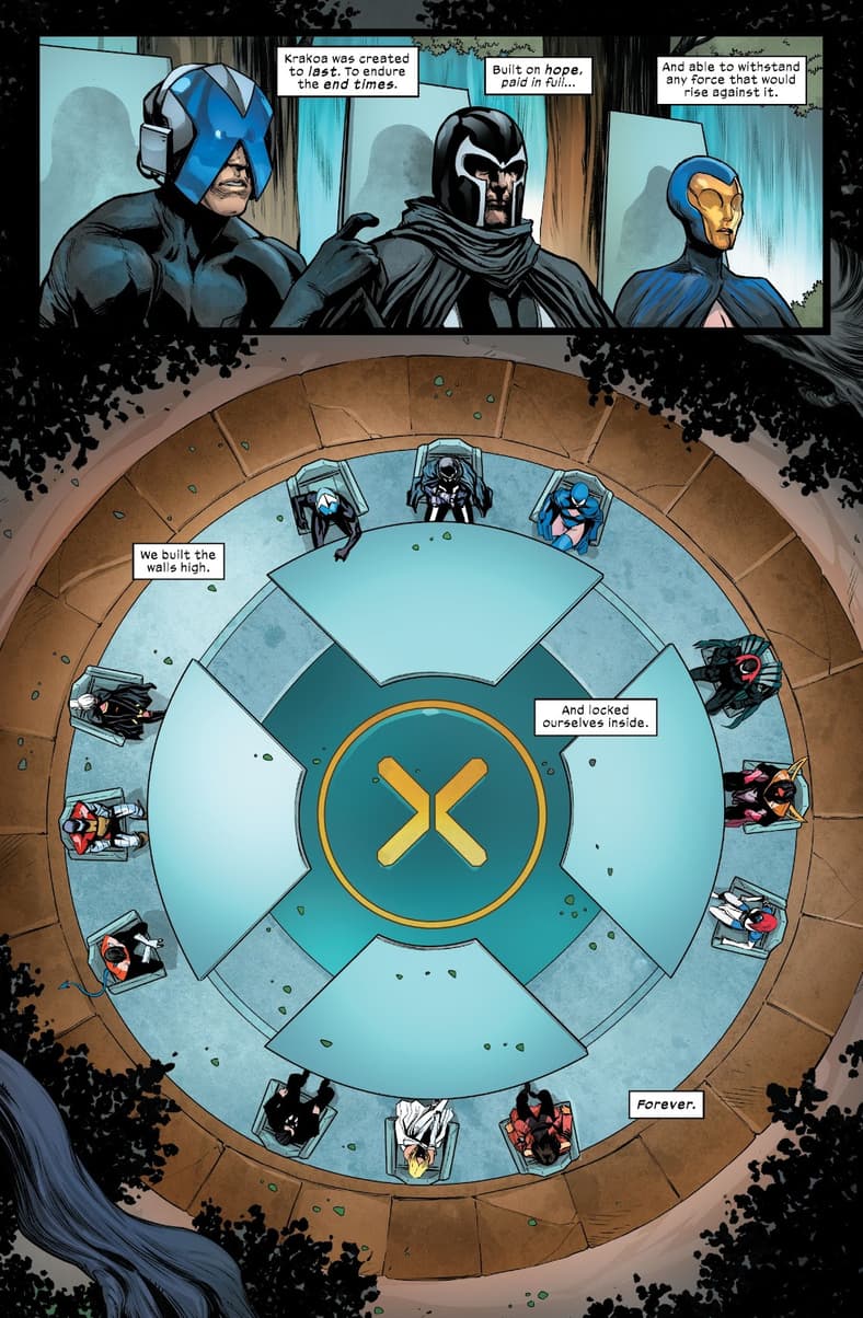The Quiet Council assembles once more in Inferno Vol. 2 #4 "The Death of Moira X" (2022), Marvel Comics. Words by Jonathan Hickman, art by Valerio Schiti, Stefano Caselli, David Curiel, and Joe Sabino.