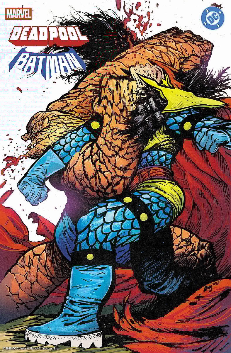The Thing and Big Barda duke it out on Daniel Warren Johnson's variant cover to Batman/Deadpool Vol. 1 #1 (2025), DC/Marvel Comics