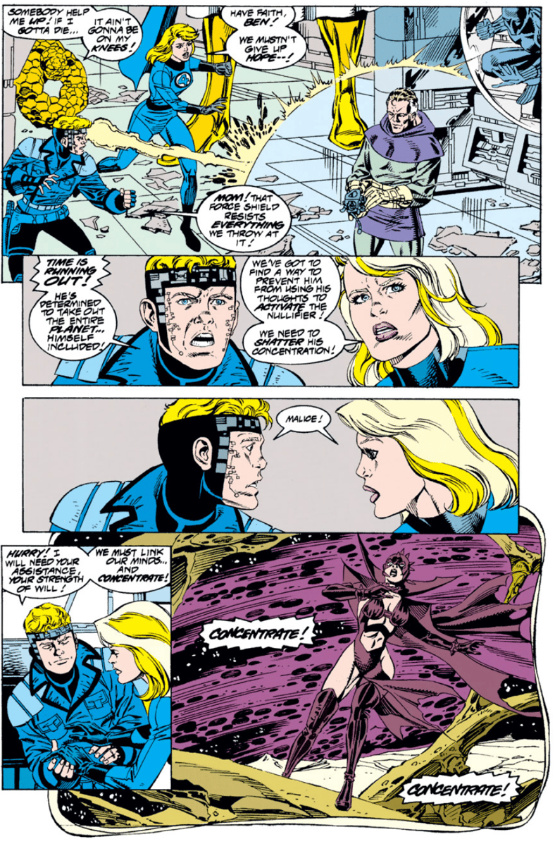 Psi-Lord (a future version of Franklin Richards) and Sue Storm realize they have a potential weapon to use against the Dark Raider in Fantastic Four Vol. 1 #392 "The Final Gauntlet!" (1994), Marvel Comics. Words by Tom DeFalco, art by Paul Ryan, Danny Bulanadia, and John Kalisz.