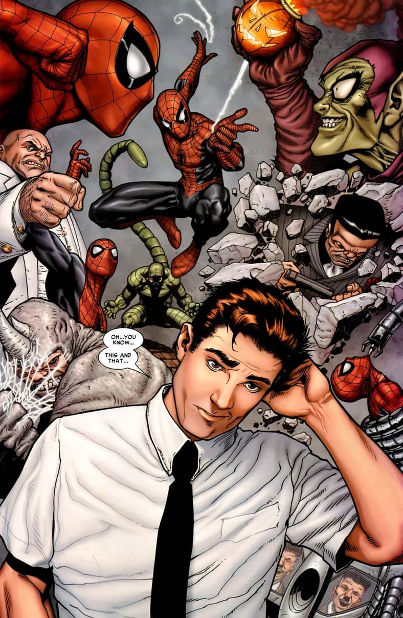 Peter Parker struggles to explain his poor attendance record in Amazing Spider-Man Vol. 1 #546 'Brand New Day' (2008), Marvel Comics. Words by Dan Slott, art by Steve McNiven, Dexter Vines, Morry Hollowell, and Cory Petit.