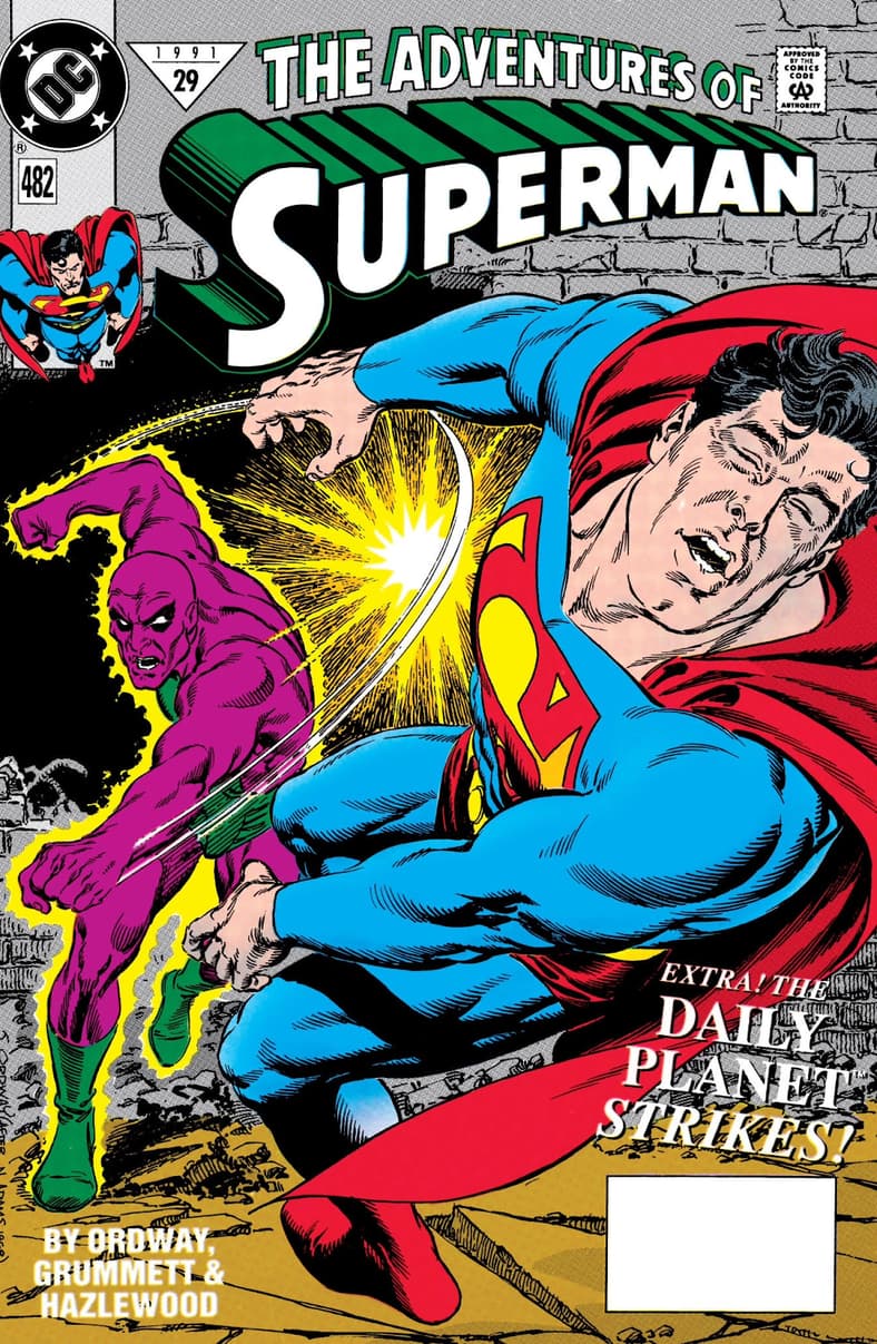 Parasite and The Man of Steel come to blows in The Adventures of Superman Vol.1 #482 "The Planet Strikes!" (1991), DC Comics. Words by Jerry Ordway. Art by Tom Grummett, Doug Hazlewood, and Glenn Whitmore.