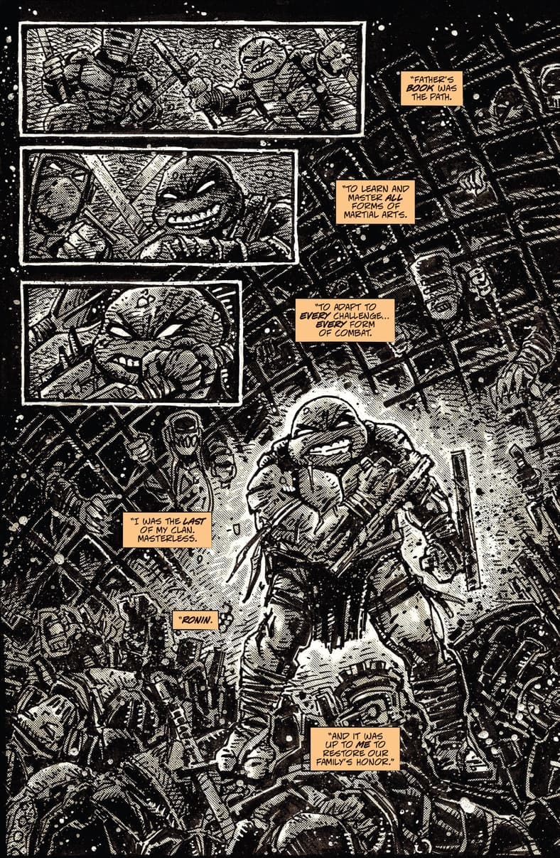 Michelangelo tells April about the path that led him to being the last surviving Turtle in Teenage Mutant Ninja Turtles: The Last Ronin Vol. 1 #1 Wish for Death" (2020), IDW Comics. Words by Kevin Eastman, Peter Laird, and Tom Waltz, art by Esau Escorza, Isaac Escorza, Luis Antonio Delgado, and Samuel Plata.