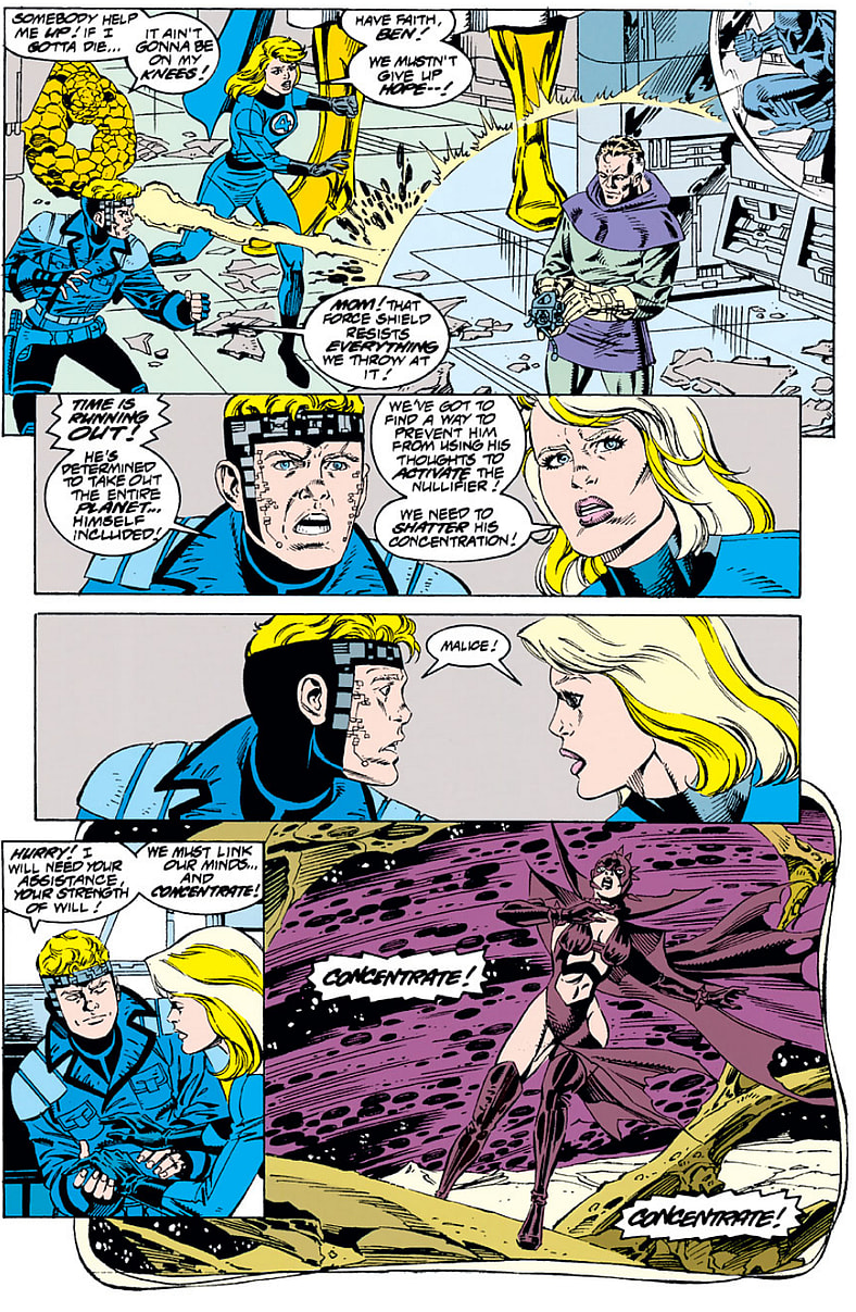 Psi-Lord (a future version of Franklin Richards) and Sue Storm realize they have a potential weapon to use against the Dark Raider in Fantastic Four Vol. 1 #392 "The Final Gauntlet!" (1994), Marvel Comics. Words by Tom DeFalco, art by Paul Ryan, Danny Bulanadia, and John Kalisz.