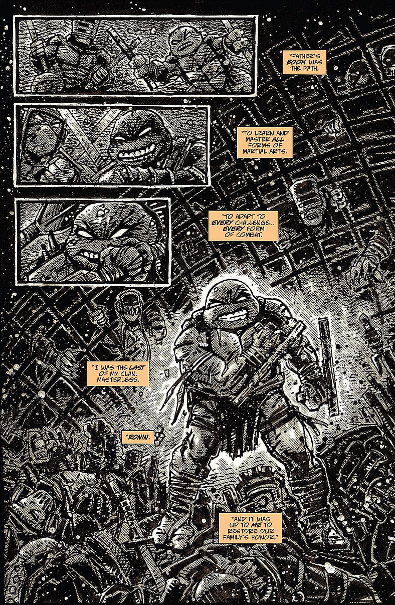 Michelangelo tells April about the path that led him to being the last surviving Turtle in Teenage Mutant Ninja Turtles: The Last Ronin Vol. 1 #1 Wish for Death" (2020), IDW Comics. Words by Kevin Eastman, Peter Laird, and Tom Waltz, art by Esau Escorza, Isaac Escorza, Luis Antonio Delgado, and Samuel Plata.